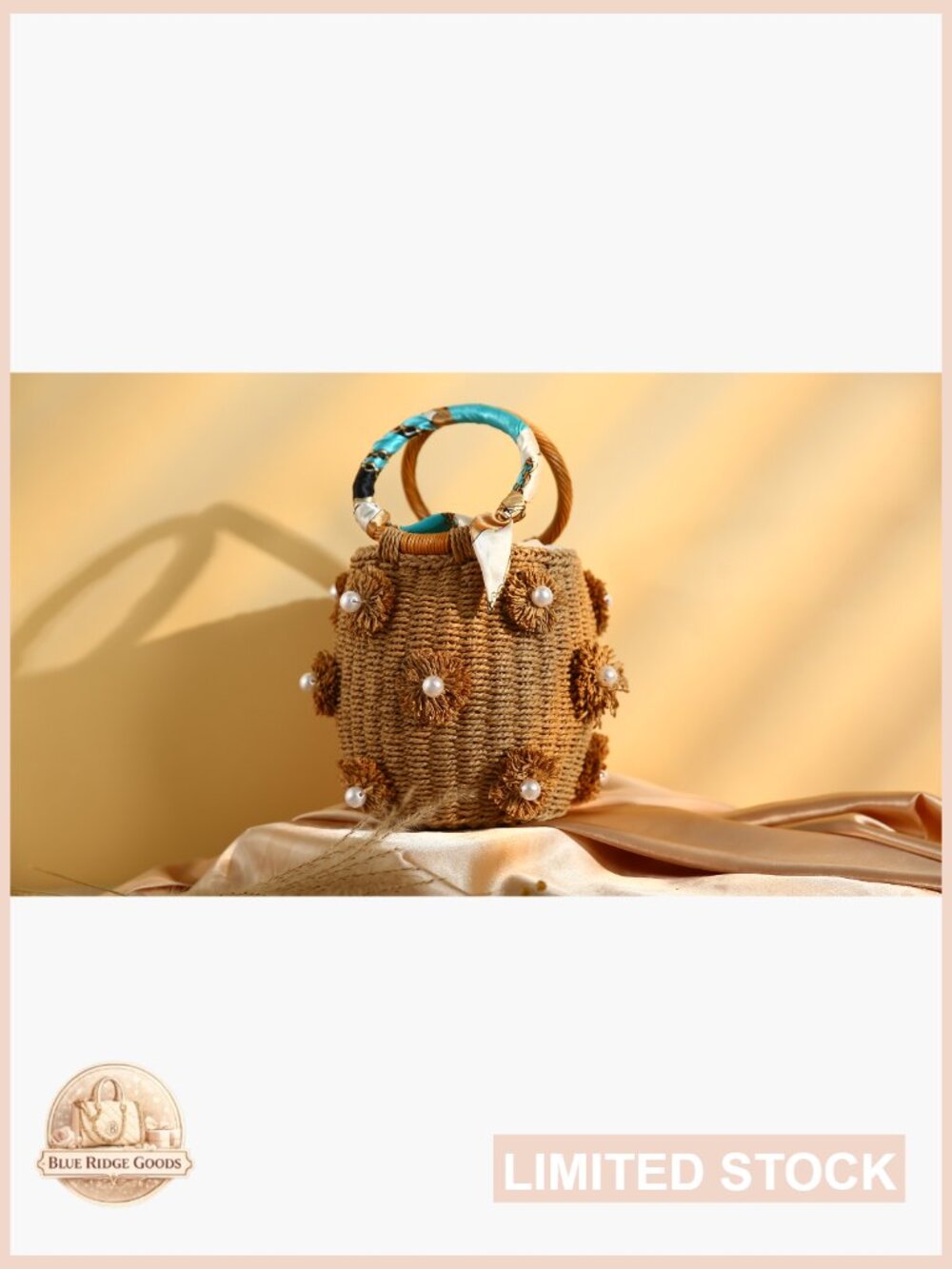 Woven Straw Bucket Bag Drawstring Tote Summer Beach Handbag Pearl Flower - Picture 7 of 7